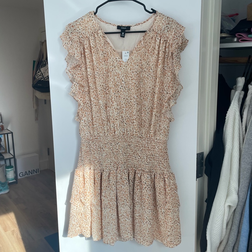 AQUA Smocked short sleeve mini dress